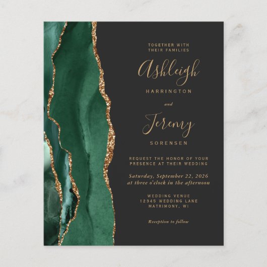 Budget Emerald Green Gold QR Code Wedding Einladun (Vorderseite)