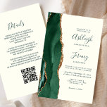 Budget Emerald Green Ivory QR-Kodex Einladung Hoch<br><div class="desc">Rett die Kosten für das Drucken und Verschicken separater RSVP-Karten mit dieser eleganten, modernen All-in-One-Hochzeitseinladung. Der links Rand verfügt über einen smaragdgrünen Aquarellstreifen mit goldenen Imitaten Glitzer. Der anpassbare Text kombiniert grüne Handschrift, Copperplate und kursiv Schriftart auf Elfenbeinhintergrund. Die Rückseite bietet Platz für Hochzeitsdetails, zusammen mit einem QR-Code können Gäste...</div>