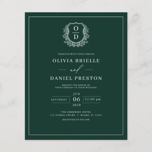 Budget Emerald Green Monogram Wedding Einladung (Vorderseite)