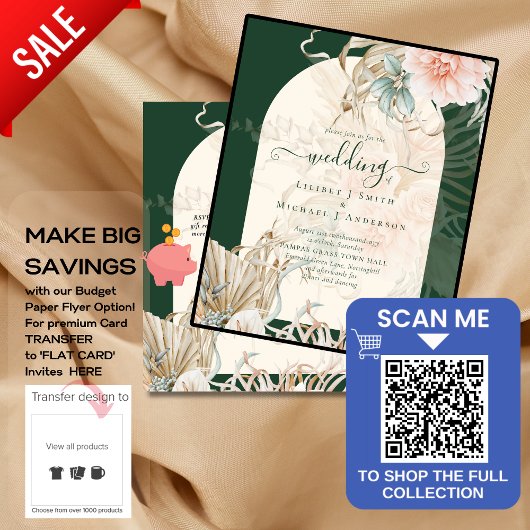BUDGET Emerald Green Pampas Grass Peach Wedding Flyer