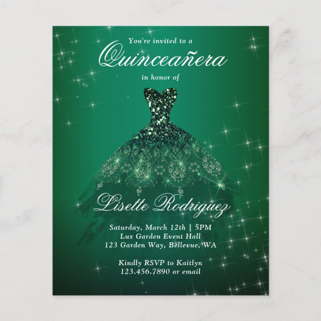 Budget Emerald Green Quinceanera Einladung (Vorderseite)