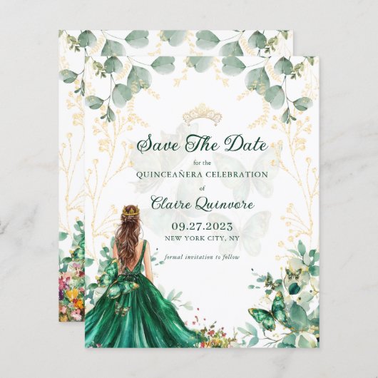 BUDGET Emerald Green Quinceanera Save the Date (Vorne/Hinten)
