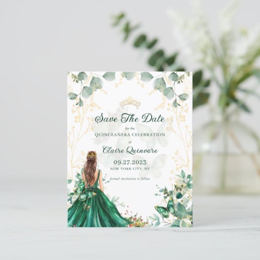 BUDGET Emerald Green Quinceanera Save the Date (Stehend Vorderseite)