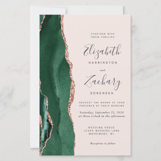 Budget Emerald Green Rose Gold Agate Blush Wedding (Vorderseite)