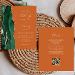 Budget Emerald Green Rust QR Code Wedite Einladung<br><div class="desc">Rett die Kosten für das Drucken und Verschicken separater RSVP-Karten mit dieser eleganten, modernen All-in-One-Hochzeitseinladung. Der links Rand verfügt über einen smaragdgrünen Aquarellstreifen mit goldenen Imitaten Glitzer. Der anpassbare Text kombiniert goldfarbene Handschrift, Copperplate und kursiv Schriftart auf einem verbrannten orangen oder rostfreien Hintergrund. Die Rückseite bietet Platz für Hochzeitsdetails, zusammen...</div>