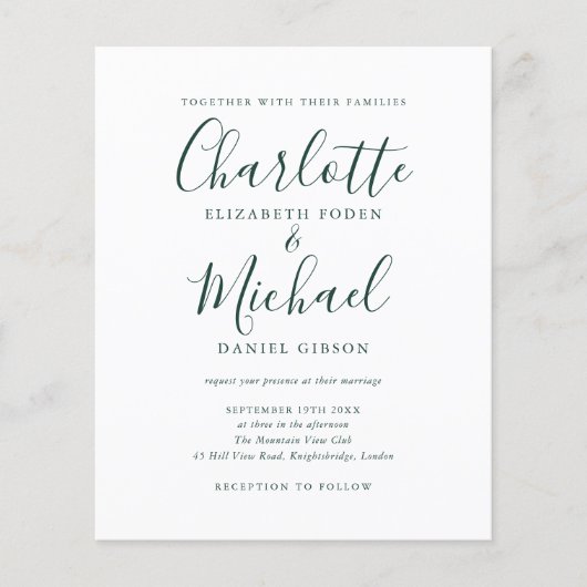 Budget Emerald Green Script Wedding Einladung (Vorderseite)