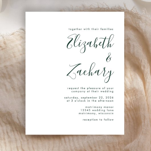 Budget Emerald Green Script Wedding Einladung