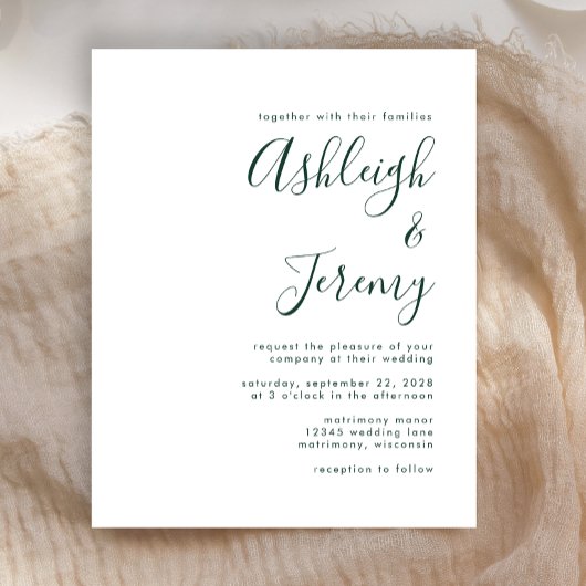 Budget Emerald Green Script Wedding Einladung
