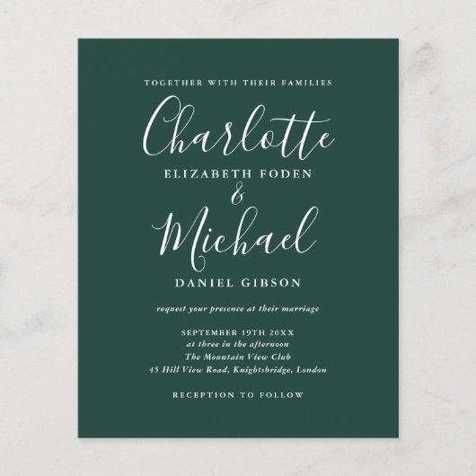 Budget Emerald Green Script Wedding Einladung (Vorderseite)
