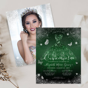 Budget Emerald Green Silver Gown Foto Quinceanera