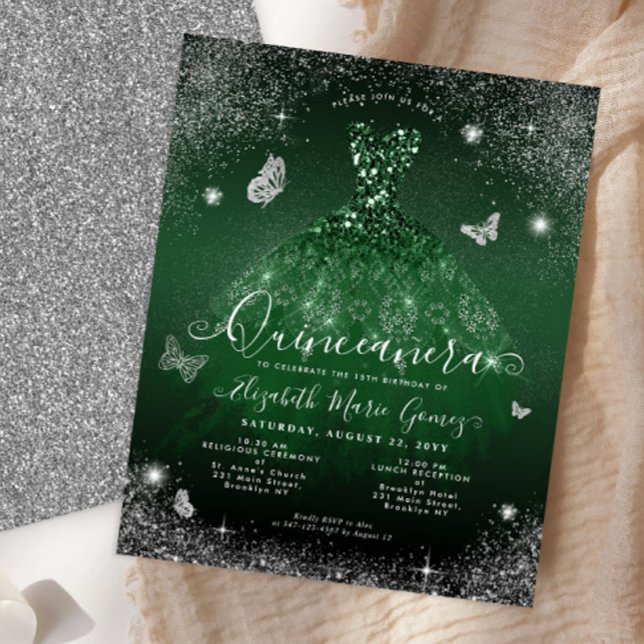 Budget Emerald Green Silver Gown Quinceanera Card (Von Creator hochgeladen)