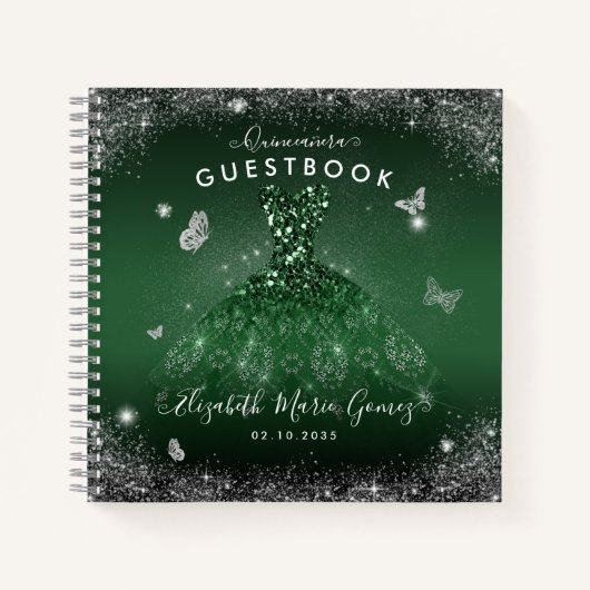 Budget Emerald Green Silver Quinceanera Guestbook Notizblock (Vorderseite)