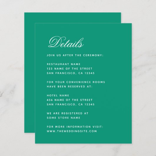 Budget Emerald Green Simple Wedding Details Card (Vorne/Hinten)