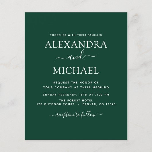 Budget Emerald Green Wedding Modern Typografy (Vorderseite)