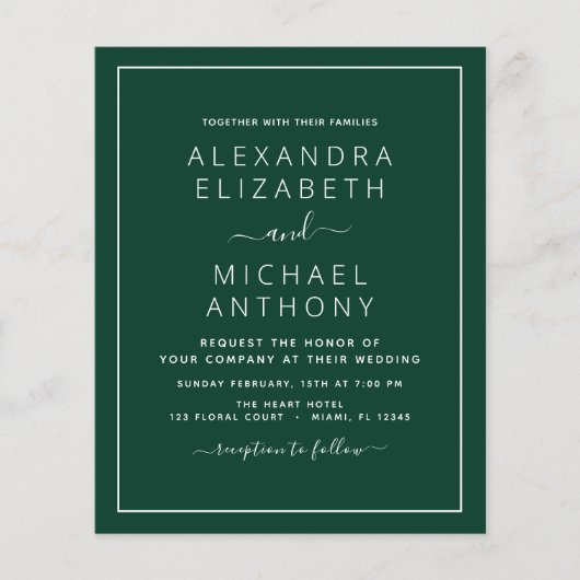 Budget Emerald Green Wedding Modern Typografy (Vorderseite)