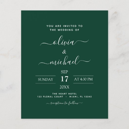 Budget Emerald Green Wedding Modern Typografy Flyer (Vorne)