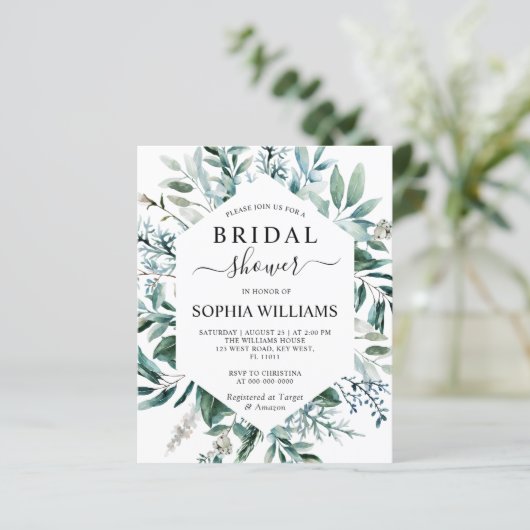 Budget Emerald Greenery Bridal Dusche Einladung (Stehend Vorderseite)
