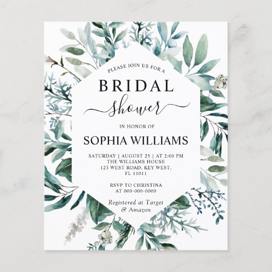 Budget Emerald Greenery Bridal Dusche Einladung (Vorderseite)