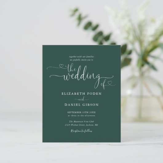 Budget Emerald Script Foto Hochzeit Einladung (Stehend Vorderseite)