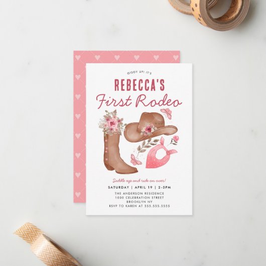 Budget Erster Rodeo Blush Pink Cowgirl 1 Geburtsta Mitteilungskarte (Vorderseite/Rückseite Beispiel)
