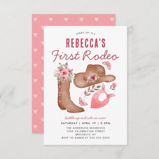 Budget Erster Rodeo Blush Pink Cowgirl 1 Geburtsta Mitteilungskarte (Vorne/Hinten)