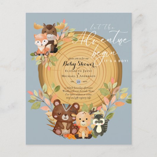 BUDGET Es ist ein Baby-WOODLAND-TIERE Kinderdusche Flyer (Vorne)