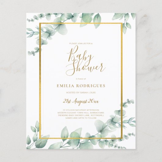 BUDGET Eucalyptus BABY SHOWER GOLD QR CODE INVITE Flyer (Vorne)