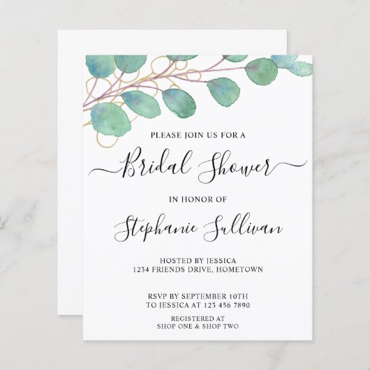 Budget Eucalyptus Bridal Dusche Einladung (Vorne/Hinten)