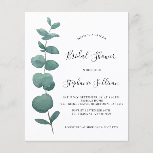 Budget Eucalyptus Bridal Dusche Einladung (Vorderseite)
