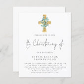 Budget Eucalyptus Cross Script Christening Einladu (Vorne/Hinten)