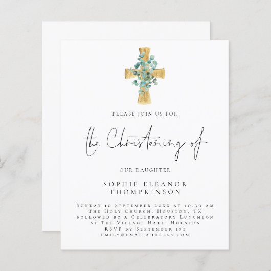 Budget Eucalyptus Cross Script Christening Einladu (Vorne/Hinten)