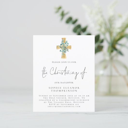 Budget Eucalyptus Cross Script Christening Einladu (Stehend Vorderseite)