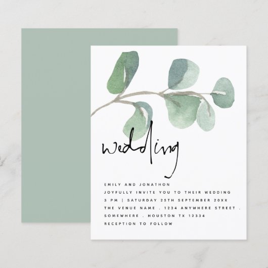 BUDGET Eucalyptus Elegante Script Wedding Einladun (Vorne/Hinten)