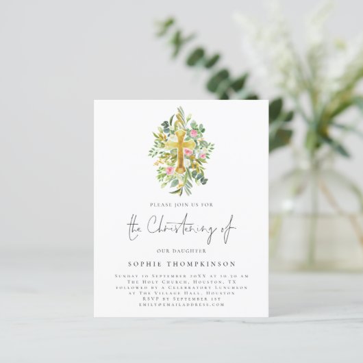 Budget Eucalyptus Florals Cross Christening Einlad (Stehend Vorderseite)