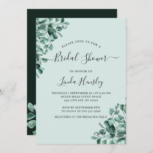 Budget Eucalyptus Greenery Blätter Brautparty Einladung (Vorne/Hinten)