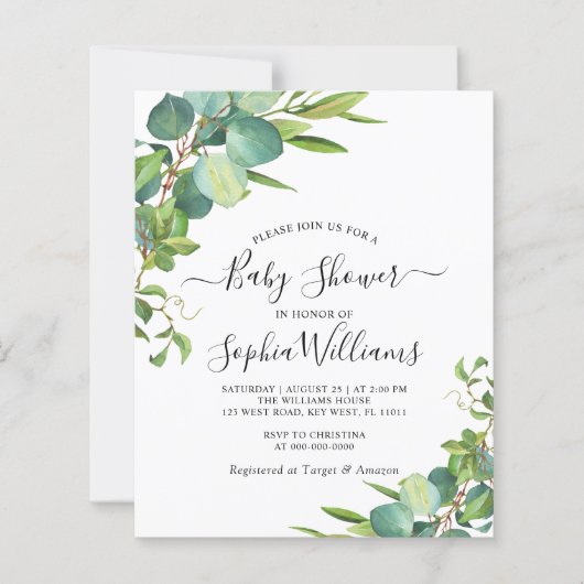 Budget Eucalyptus Greenery Kinderdusche Einladung (Vorderseite)