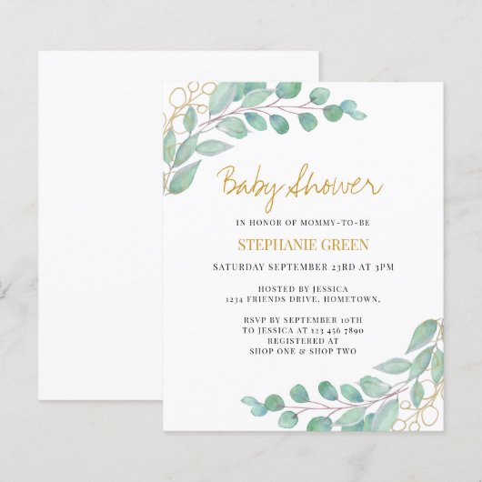 Budget Eucalyptus Greenery Kinderdusche Einladung (Vorne/Hinten)