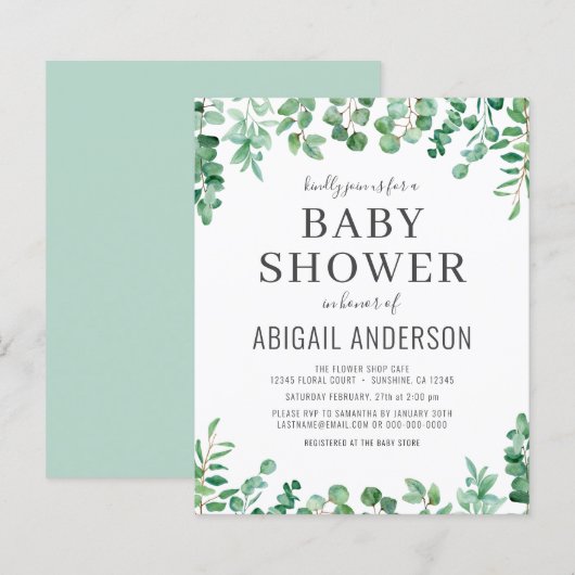 Budget Eucalyptus Greenery Kinderdusche Einladung (Vorne/Hinten)