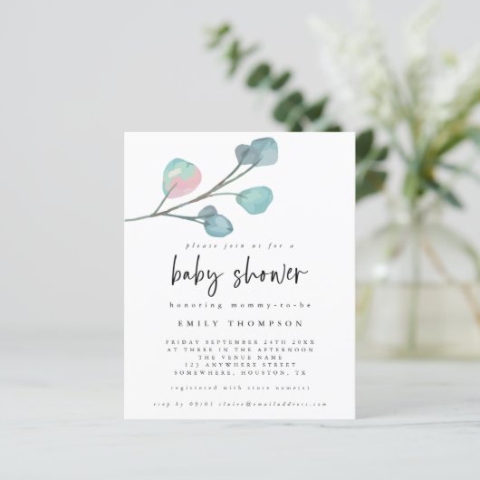 Budget Eucalyptus Moderne Babydusche Einladung (Stehend Vorderseite)