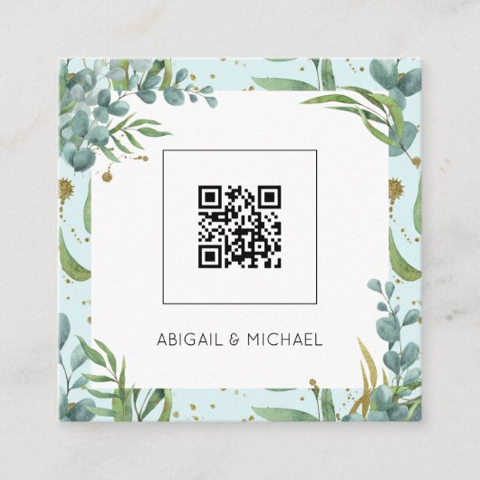 Budget Eucalyptus QR Code Boho Hochzeitseinladung Quadratische Visitenkarte (Vorderseite)