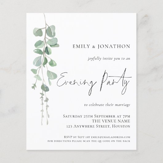 Budget Eucalyptus QR Wedding Abend Party Einladung (Vorderseite)