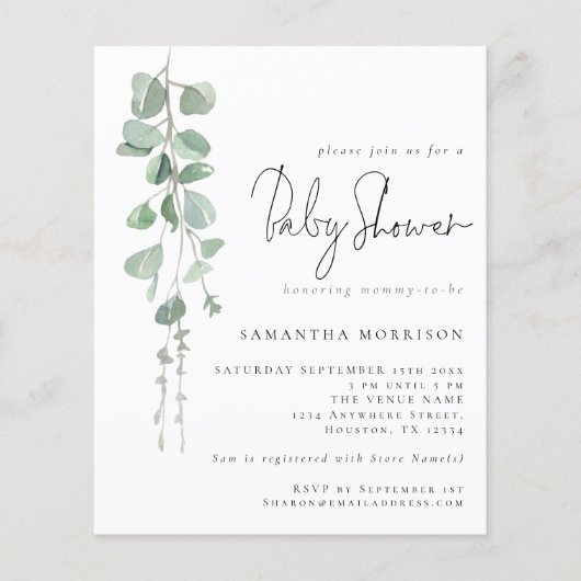 Budget Eucalyptus Script Kinderdusche Einladung (Vorderseite)