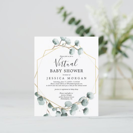 Budget Eucalyptus Virtual Baby Dusche Einladung (Stehend Vorderseite)