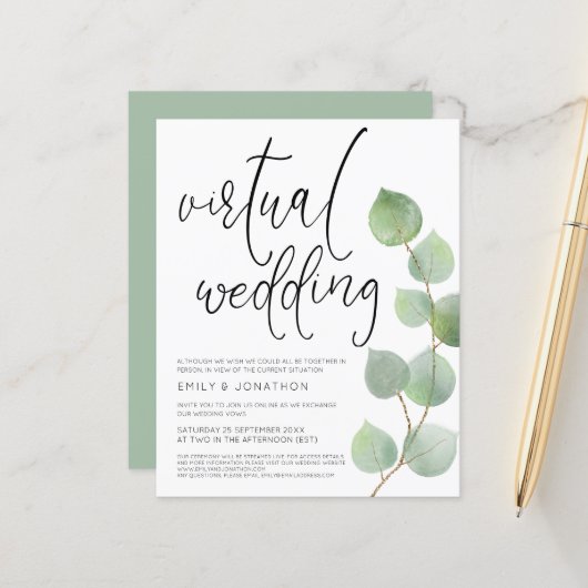 Budget Eucalyptus Virtual Wedding Einladung (Vorderseite/Rückseite Beispiel)