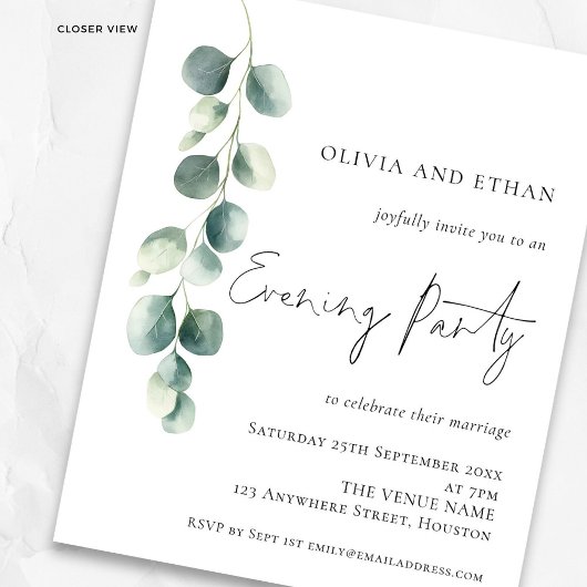 Budget Eucalyptus Wedding Evening Party Invitation