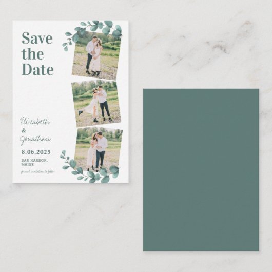 Budget Eukalyptus 3 Foto Hochzeit speichern Datum Mitteilungskarte (Vorne/Hinten)