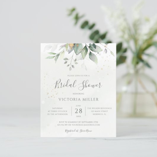Budget Eukalyptus Blätter Bridal Dusche Einladung (Stehend Vorderseite)