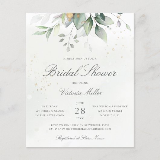 Budget Eukalyptus Blätter Bridal Dusche Einladung (Vorderseite)