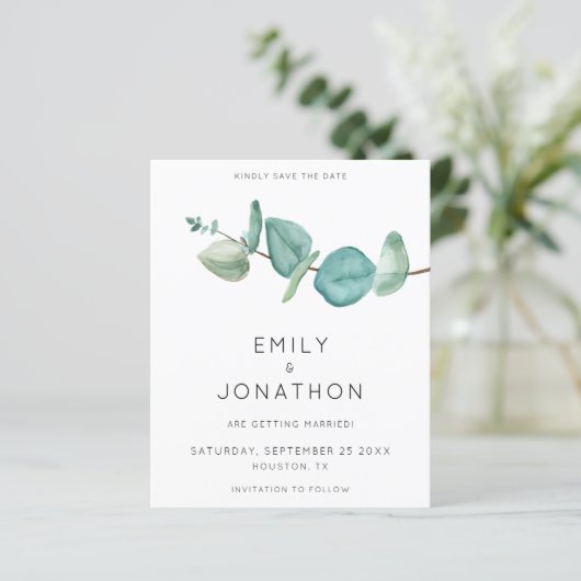 Budget Eukalyptus Branch Blue Save the Date (Stehend Vorderseite)