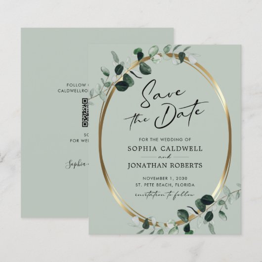 Budget Eukalyptus Calligraphy Sage Save the Date (Vorne/Hinten)